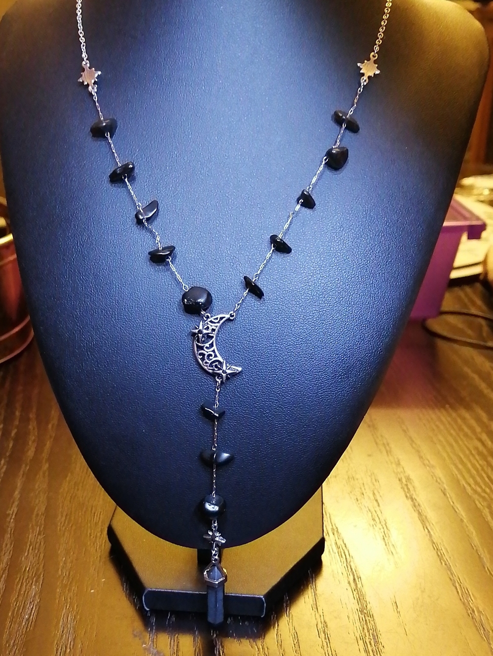 Stylish Black Onyx And Pendulum Lariat Celestial Necklace 18"+2.5" Long